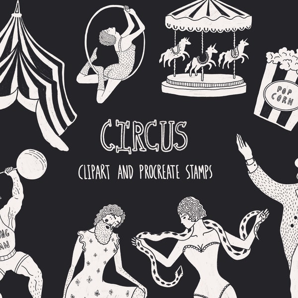 Circus themed clipart, circus procreate stamps, clown clip art, magical clipart, show procreate stamp