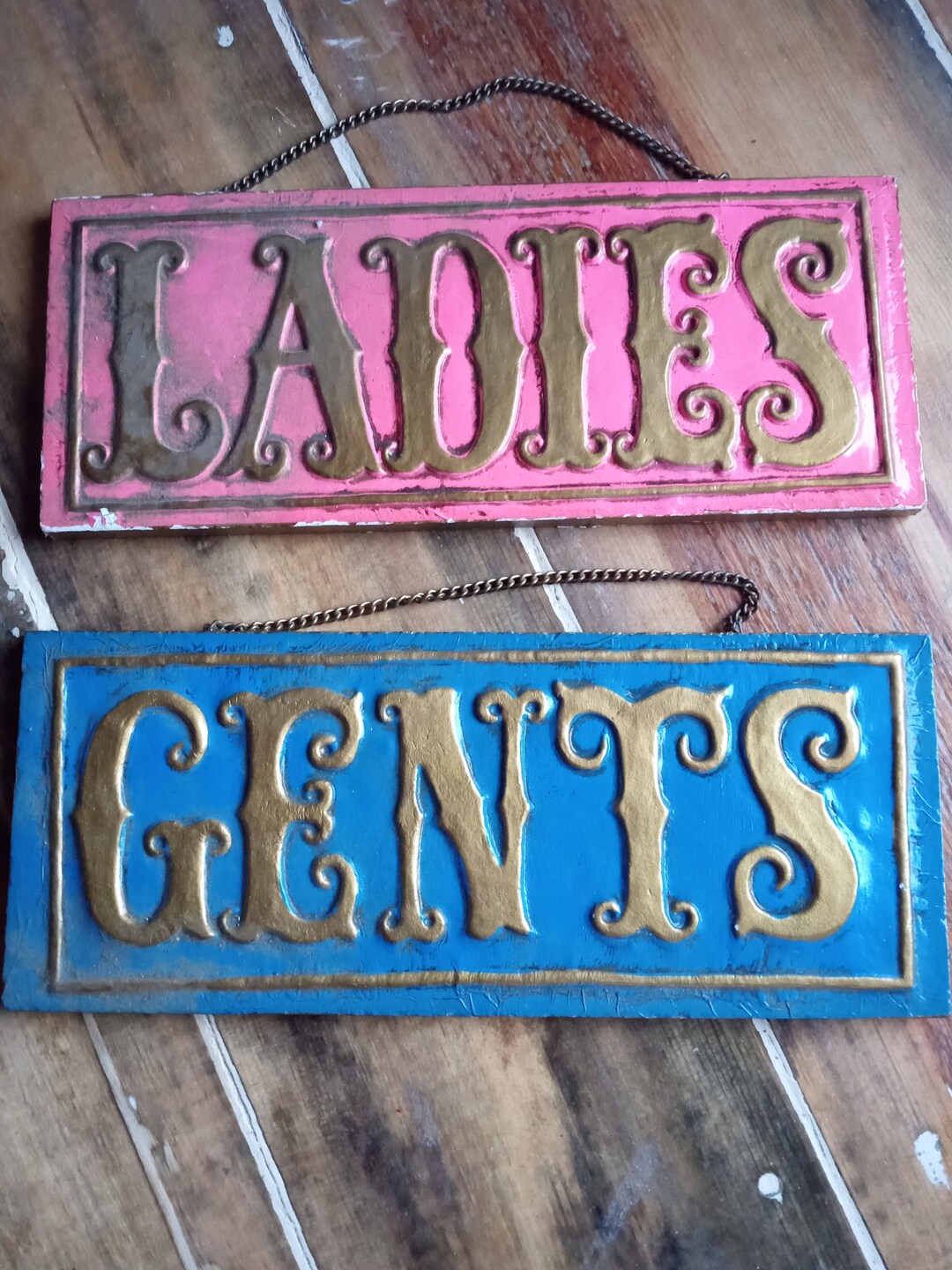 1950's Enesco Restaurant Bathroom Door Signs Gold on Blue and Gold on