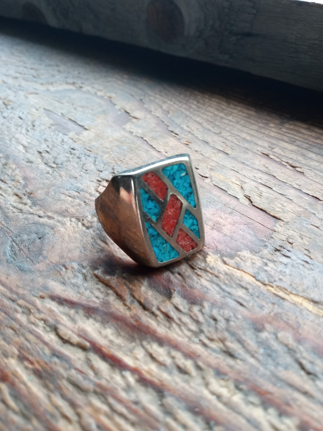 Vintage Mens Navajo Ring Inlaid Turquoise and Coral in Geometric Design