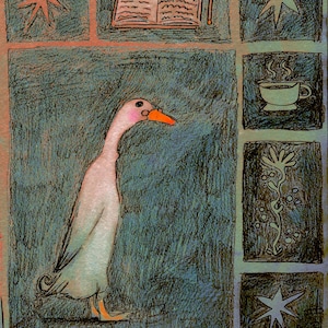 May include: An artistic illustration featuring a tall, slender white duck with an orange beak and feet, set against a textured teal background. The artwork includes a book, pencil, coffee cup, and star-like shapes, all within a grid-like frame.