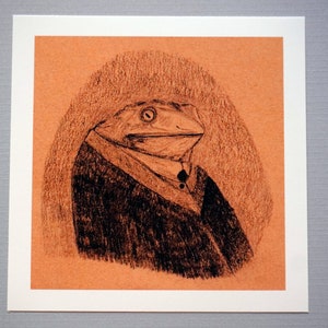 May include: A black and white drawing of a frog wearing a suit and tie. The frog is depicted in a formal portrait style, with a serious expression on its face. The drawing is on a light orange background.