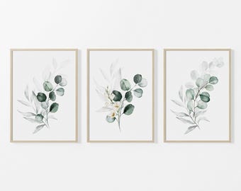Botanical Art Prints, Set of 3 Prints, Green Eucalyptus Wall Art, Watercolour Floral Prints, Bedroom Prints, Living Room Decor, Unframed Art