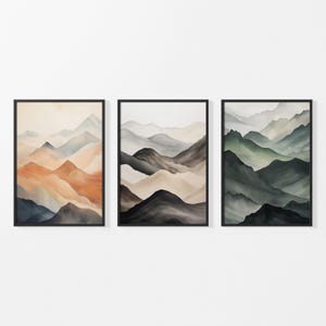 Landscape Art Prints, Set of 3 Prints, Beige Green Wall Art, Mountain Wall Art, Watercolour Nature Prints, Bedroom Prints, Living Room Decor