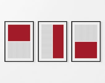 Conjunto de 3 gravuras de arte geométrica, arte de parede em vermelho e preto, arte abstrata moderna para parede, gravuras para quarto, decoração de sala de estar, arte sem moldura.