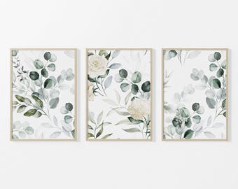 Botanical Art Prints, Set of 3 Prints, Green Eucalyptus Wall Art, Watercolour Floral Prints, Bedroom Prints, Living Room Decor, Unframed Art