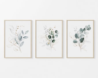 Botanical Art Prints, Set of 3 Prints, Green Eucalyptus Wall Art, Watercolour Floral Prints, Bedroom Prints, Living Room Decor, Unframed Art
