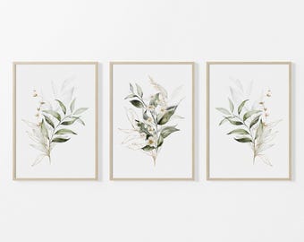 Botanical Art Prints, Set of 3 Prints, Green Eucalyptus Wall Art, Watercolour Floral Prints, Bedroom Prints, Living Room Decor, Unframed Art