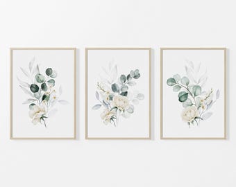 Botanical Art Prints, Set of 3 Prints, Green Eucalyptus Wall Art, Watercolour Floral Prints, Bedroom Prints, Living Room Decor, Unframed Art