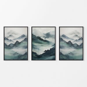 Landscape Art Prints, Set of 3 Prints, Green Wall Art, Mountain Wall Art, Watercolour Nature Prints, Bedroom Prints, Living Room Decor