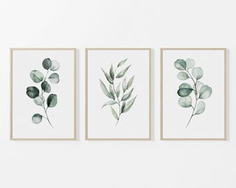 Botanical Art Prints, Set of 3 Prints, Green Eucalyptus Wall Art, Watercolour Floral Prints, Bedroom Prints, Living Room Decor, Unframed Art