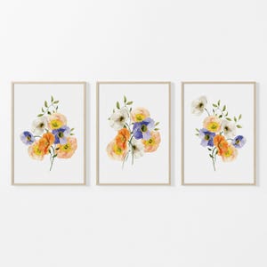 Botanical Art Prints, Set of 3 Prints, Poppy Wall Art, Watercolour Floral Prints, Bedroom Prints, Living Room, Home Decor, Unframed Art