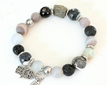 Unisex bracelet, pyrite, agate, volcanic stone and hematite (black and white) with protective hand of Fatma also called Hamsa