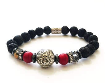 Handmade bracelet with lava stones, women's bracelet, elastic, crystal beads, chic, sport.