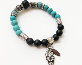 Z- Handmade bracelet on elastic, home made, turquoises, hematites, lava beads and onyx, handmade bracelet woman, woman bracelet