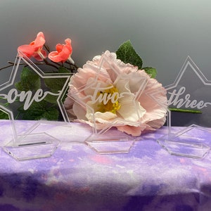 Star Acrylic Wedding Table Numbers, Etched Script Font