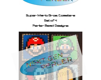 May include: Set of four Super Mario Bros. coasters made with colorful perler beads. The coasters feature Mario, Luigi, Peach, and a gold coin.