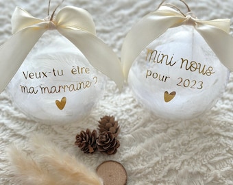 BOULE NOËL - Boule de Noël personnalisée transparente avec plume, boule mon Premier Noël, demande marraine, annonce grossesse, cadeaux noël