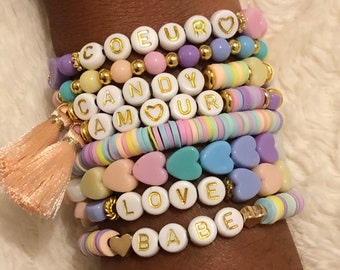 CANDY - Bracelets pastels, perles heishi pastels, coeur pastels, bracelet été, mantra, Summer, bracelet plage