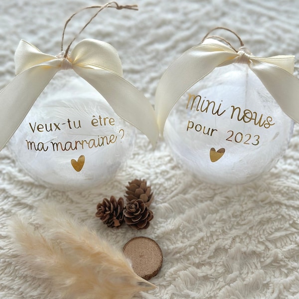 BOULE NOËL - Boule de Noël personnalisée transparente avec plume, boule mon Premier Noël, demande marraine, annonce grossesse, cadeaux noël