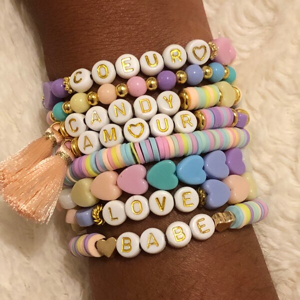 CANDY - Bracelets pastels, perles heishi pastels, coeur pastels, bracelet été, mantra, Summer, bracelet plage