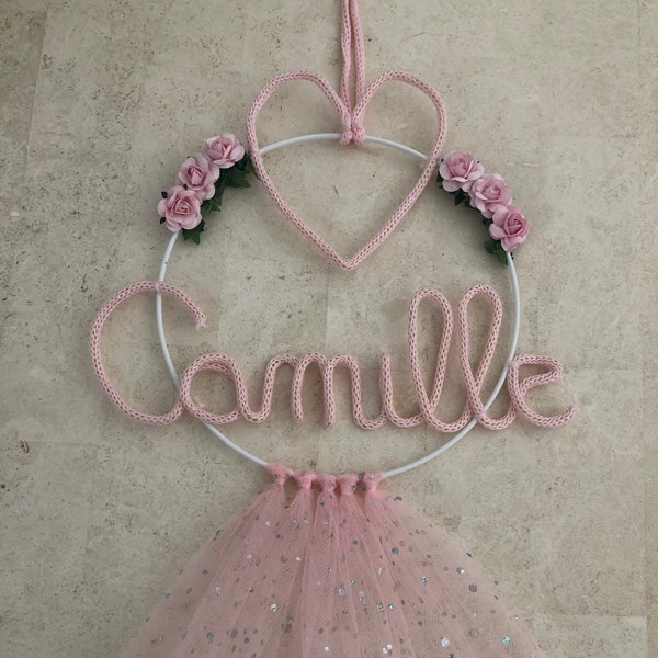 PRINCESSE - Prénom en tricotin  - couronne décoration murale enfant, tulle, paillettes