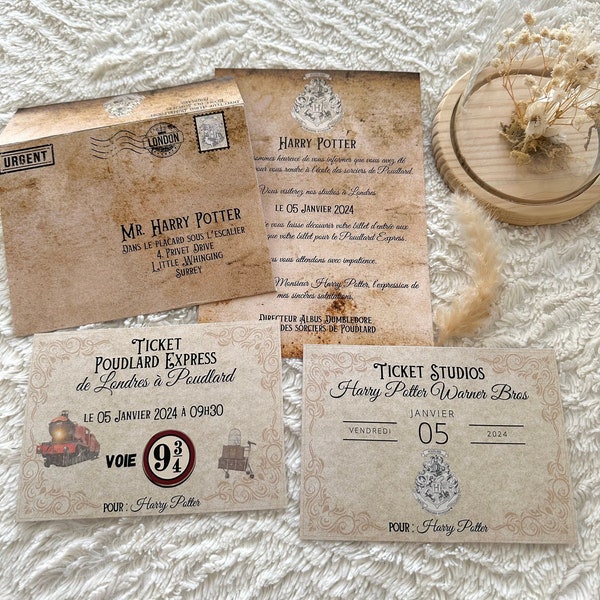 HARRY POTTER - Invitation kit to Harry Potter Studios in London, Hogwarts acceptance letter, Hogwarts Express train ticket