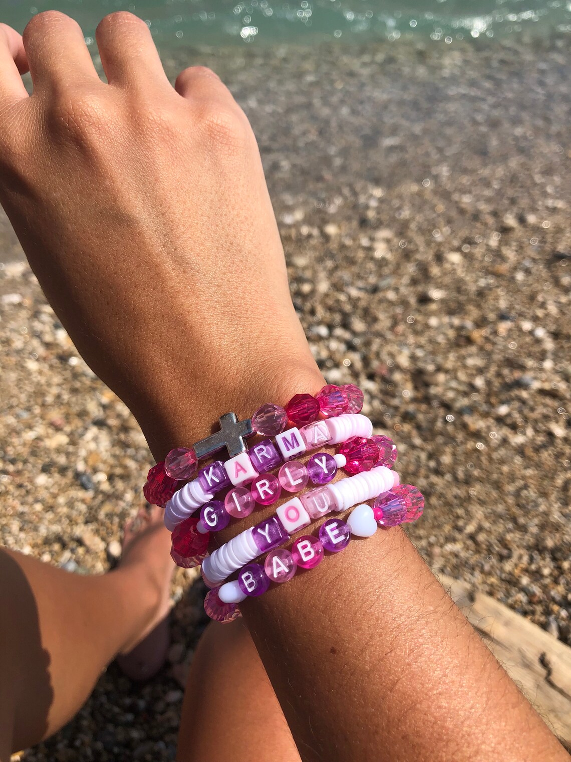 GIRLY Set of 5 Pink/Purple Bracelets Heishi Beads Heart Etsy