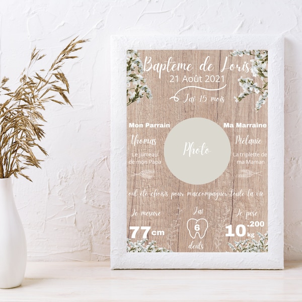 BAPTEME - Affiche baptême à thème, personnalisable, eucalyptus, fleurs séchées, bohème, fleurs de Pampas, pampas, thème marin, mer