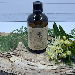 May include: A brown glass bottle with a black cap and a label that reads "Reed Diffuser Refill". The label also includes the text "The Hive - Handmade Magnetic Home Scents" and lists the ingredients as "Mineral Oil Diffuser Base, Japanese Honeysuckle, Natural Fragrance Oil".
