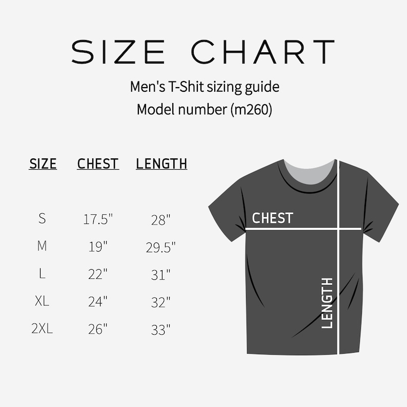 May include: Size chart for a t-shirt with measurements in inches for chest and length. Sizes include S, M, L, XL, and 2XL.