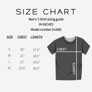 May include: Size chart for a t-shirt with measurements in inches for chest and length. Sizes include S, M, L, and XL.  Model number (m260).