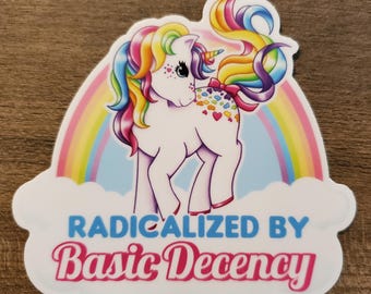 Vintage My Little Pony Rainbow Vinyl Stickers: "Radicalized by Basic Decency" | Dishwasher Safe | Weatherproof | Feminism