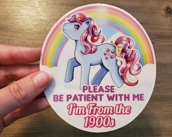 Herkenbare vintage My Little Pony-vinylsticker: "Wees geduldig met mij, ik kom uit de jaren 1900" | Bumpersticker | Vaatwasser | Weerbestendig