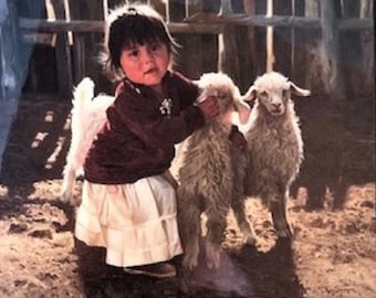 Signed Ceramic Art Tile, Navajo Girl with Lambs, 1970&#39;s Ray Swanson (1937-2004), Titled &quot;See My Friends&quot;