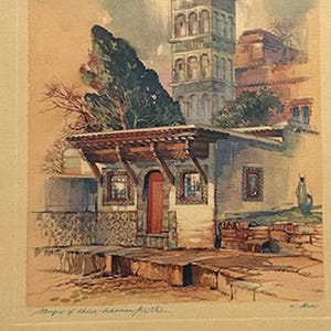 1899 Photochrome Print, "Mosque of Abder-Rhaman, Algiers" from Artist al Mettel Watercolor, Brown & Bigelow