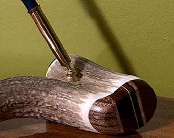 Stag Deer Elk Antler Pen Holder with Exotic Wood Ends, Hand Made