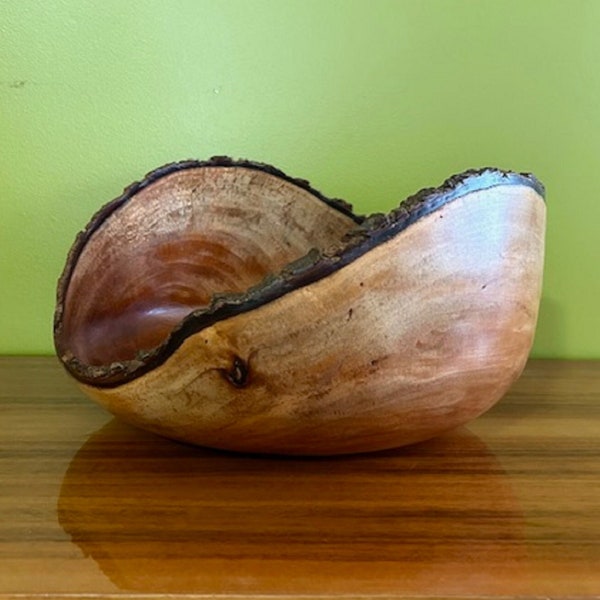 12" Hand Turned, Artist Signed, Mahogany Wood Live Bark Edge Fruit or Centerpiece Bowl