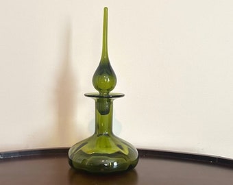 1960's Rainbow Art Glass 12.5" Olive Green Optic Decanter with Flame Stopper, Mid Century Genie Bottle