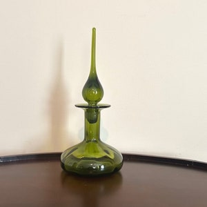 1960's Rainbow Art Glass 12.5" Olive Green Optic Decanter with Flame Stopper, Mid Century Genie Bottle