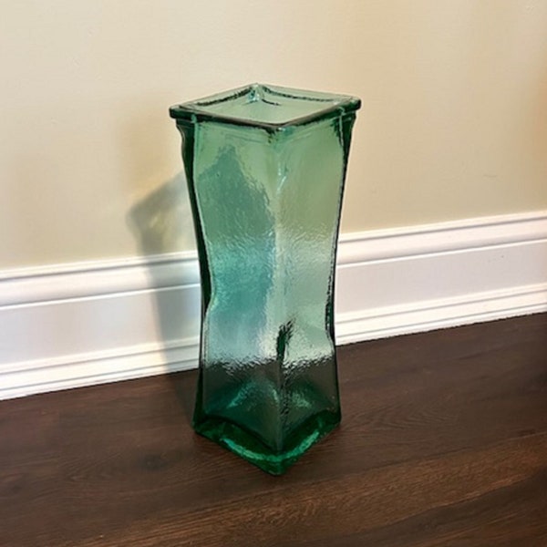Vintage Lg 14" 100% Recycled Green Aqua Glass Square Vase, Vidrios San Miguel