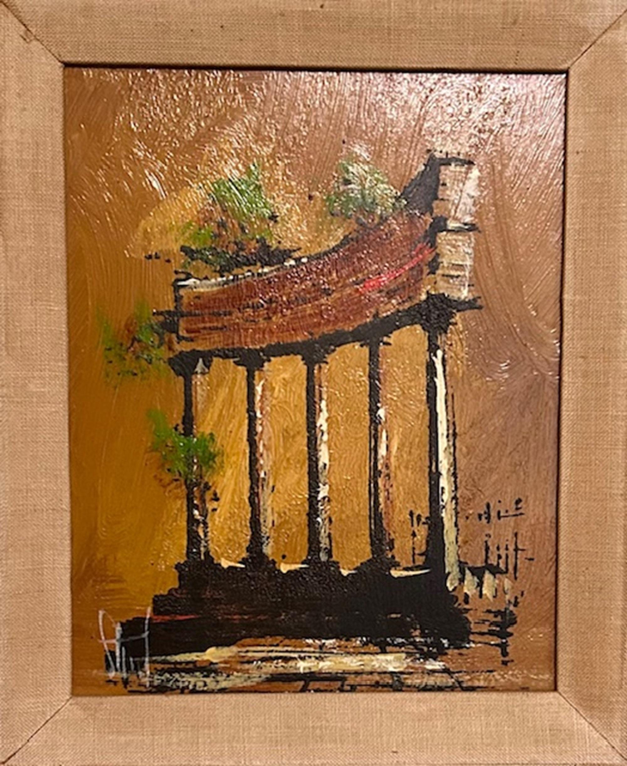 1967 Oil Painting of "Roman Colonnade Ruins"- Vanguard Studios, Beverly Hills, Signed "Stuart" (Brother of Lee Reynolds Burr)