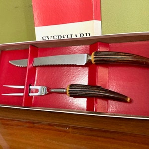 NIB Vintage Sheffield, England E. Parker & Sons Stainless Carving Set w/Bakelite Stag’s Horn/Antler Handles