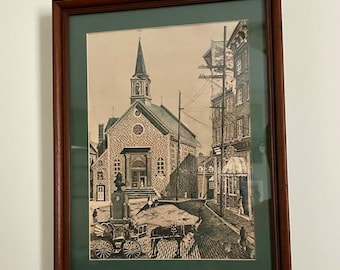Vintage Lithograph of Notre-Dame-des-Victoires Catholic Church in Old Quebec, Framed, from a Victorian Watercolor & Pencil Etching