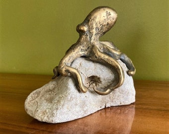 Solid Bronze Adriatic Octopus Art Sculpture on Sea Stone