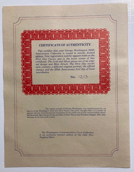 Postage Stamps Certificate of Authenticity 1982 Washington 250th