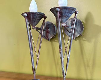 Pair MCM Banci Firenze Italian Wrought Iron Wall Sconces - Florentine Brutalist Torchieres
