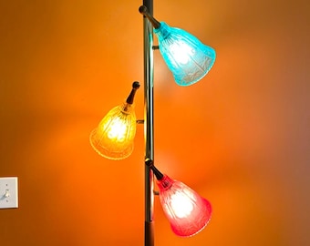 1960's MCM Brass & Lucite Tri-Color Tension Pole Lamp with Teak Light Switches