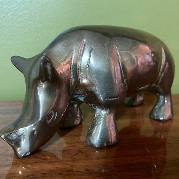 Mid-Century Solid Brass 5" Rhino Rhinoceros Figure Paperweight, Nice Patina