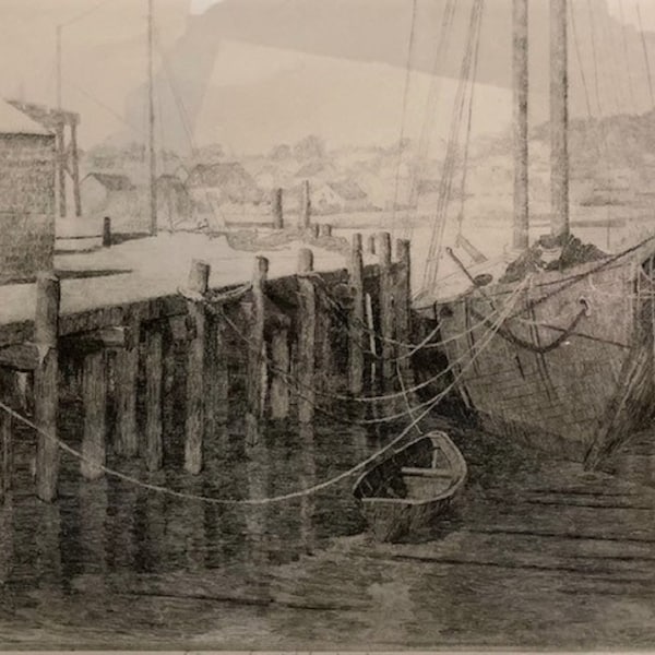 Don Swann (1889-1954) Gloucester Fish Wharf Etching 58/300, Pencil Signed & Titled, Framed