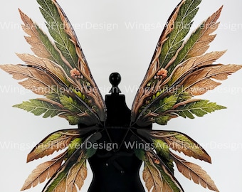 May include: A pair of large, intricately designed fairy wings with a green, brown, and gold color scheme. The wings are made of layered feathers and have a delicate, whimsical look.